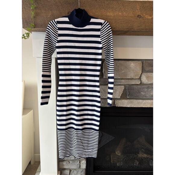 Michael Kors Midi Dress Small Nautical Mock Neck Navy White Vacation Coastal - Picture 1 of 10